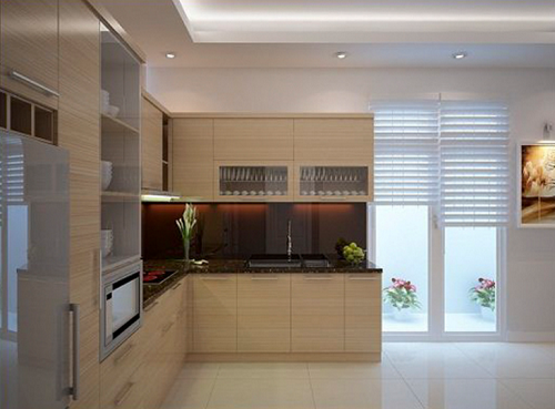 Tủ bếp làm bằng gô veneer sang trọng và hiện đại