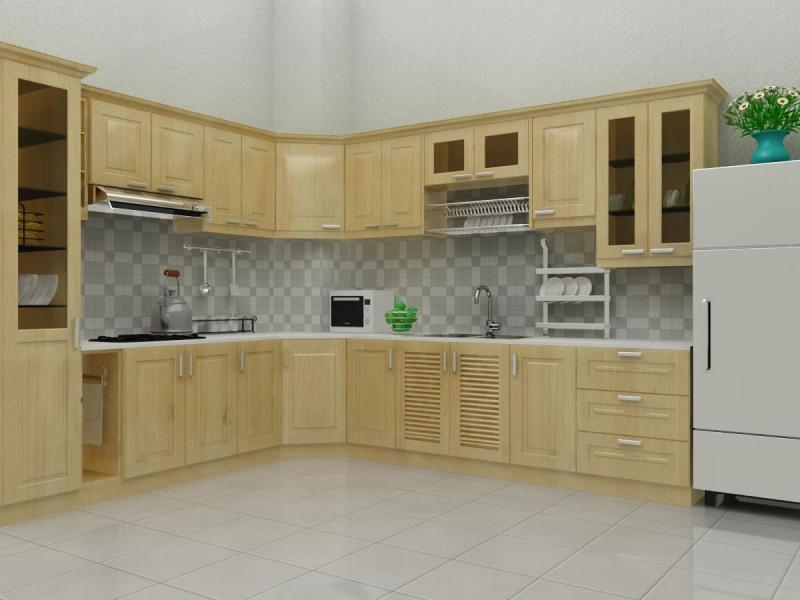Tủ bếp gỗ sồi trắng có vân vàng nhạt