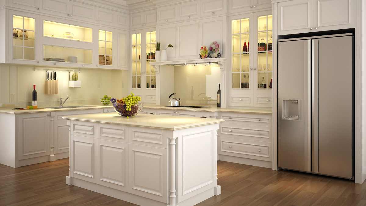 Tủ bếp gỗ sồi dát trắng